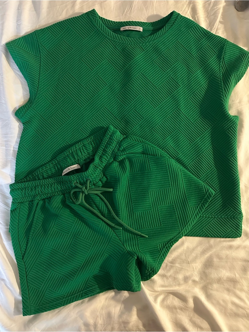 Women’s Green Textured Knit Shorts - Casual Drawstring
